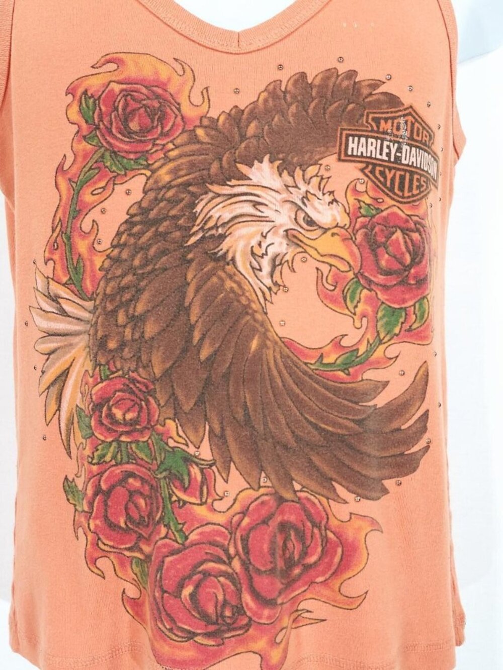 Vtg Y2k Harley Davidson Women's Bedazzled Orange Tank Top Eagle Flame Roses Sz M - Picture 5 of 8